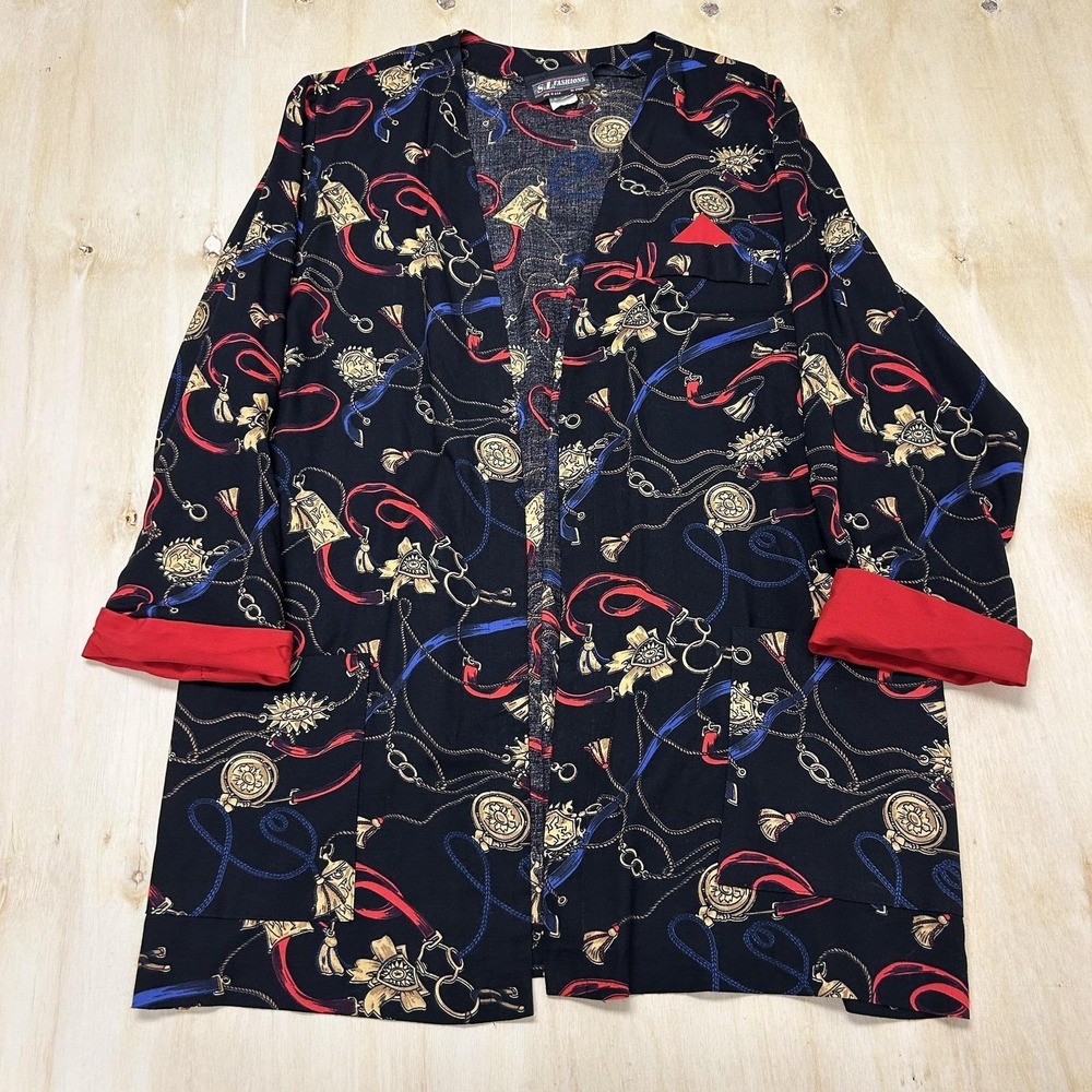 Vintage S.L. Fashions Jacket Womens 16 Black Chain Scarf Print Open Pockets